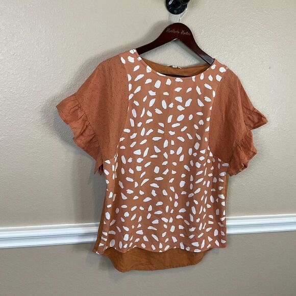 Umgee Linen Blend Top S Orange Flutter Sleeve Eyelet Mixed Media Animal Print R3 - Picture 2 of 12